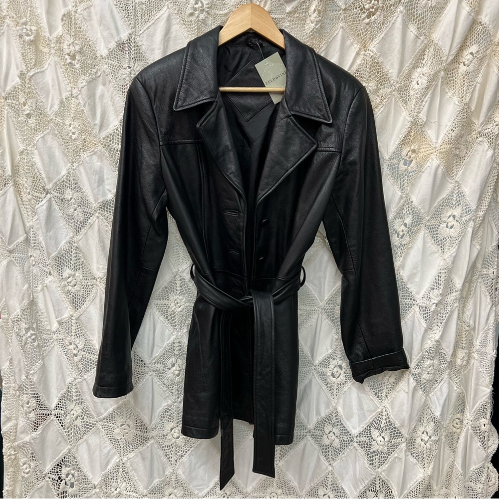 VIntage Black Leather Medium Length Trench Coat with Belt / Medium